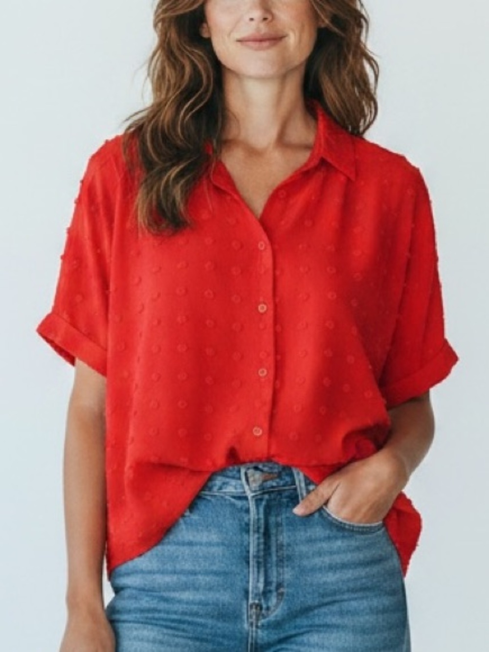 Jodifl Short Sleeve Swiss Dot Loose Fit Top Red Size Small
